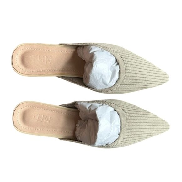 Beige Pointed Toe Knitted Mules With Low Block Heel By TUN - Picture 6 of 6